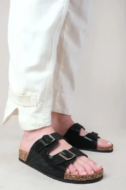 'Double' Up Two Strap Flat Sandals With Diamante Detail