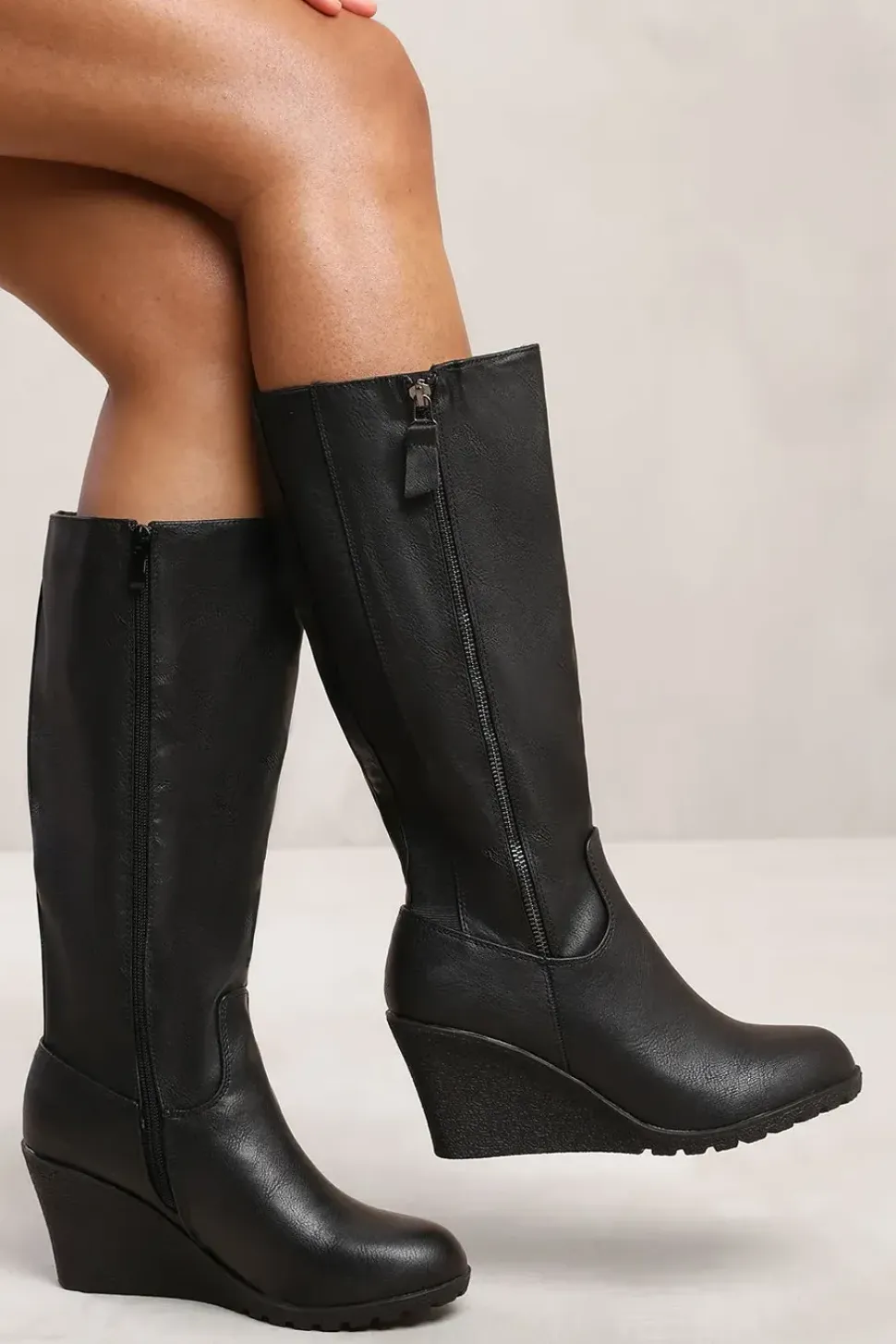 'Effie' Wedge Heel Mid Calf High Boots With Side Zip