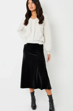 'Flora' Velvet Flared Pull On Midi Skirt