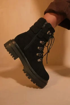 'Heidi' Platform Lace Up Boot With Side Zip And Faux Wool Detail Around The Ankle