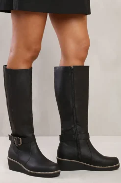 'Jacinta' Wedge Heel Knee High Boots With Elastic Panel