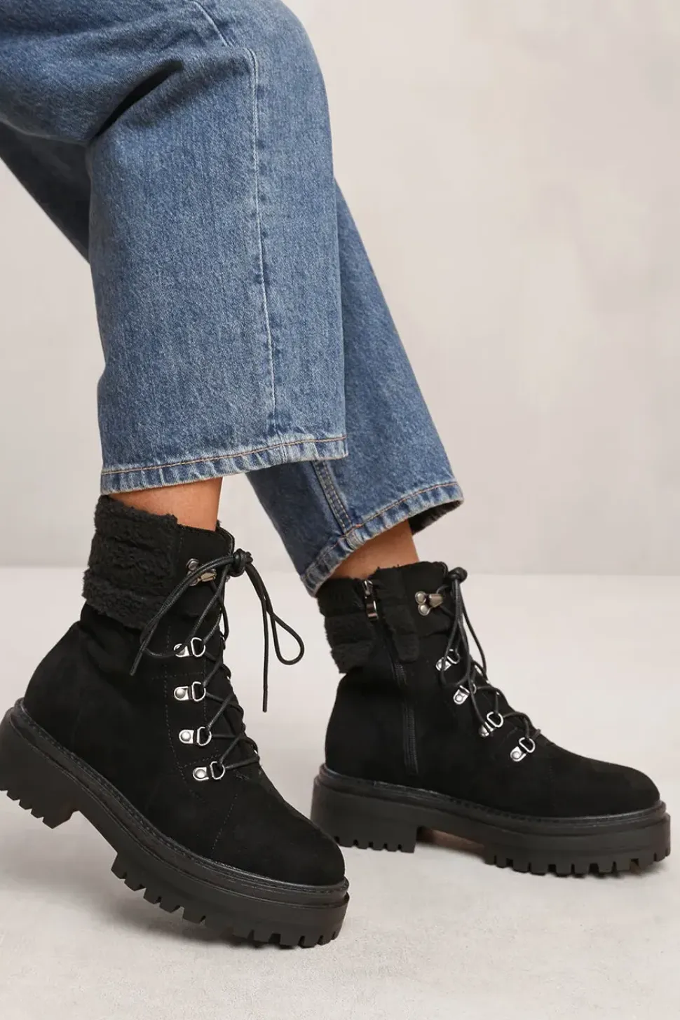 'Kaia' Lace Up Ankle Boot With Sherpa Trim And Chunky Sole