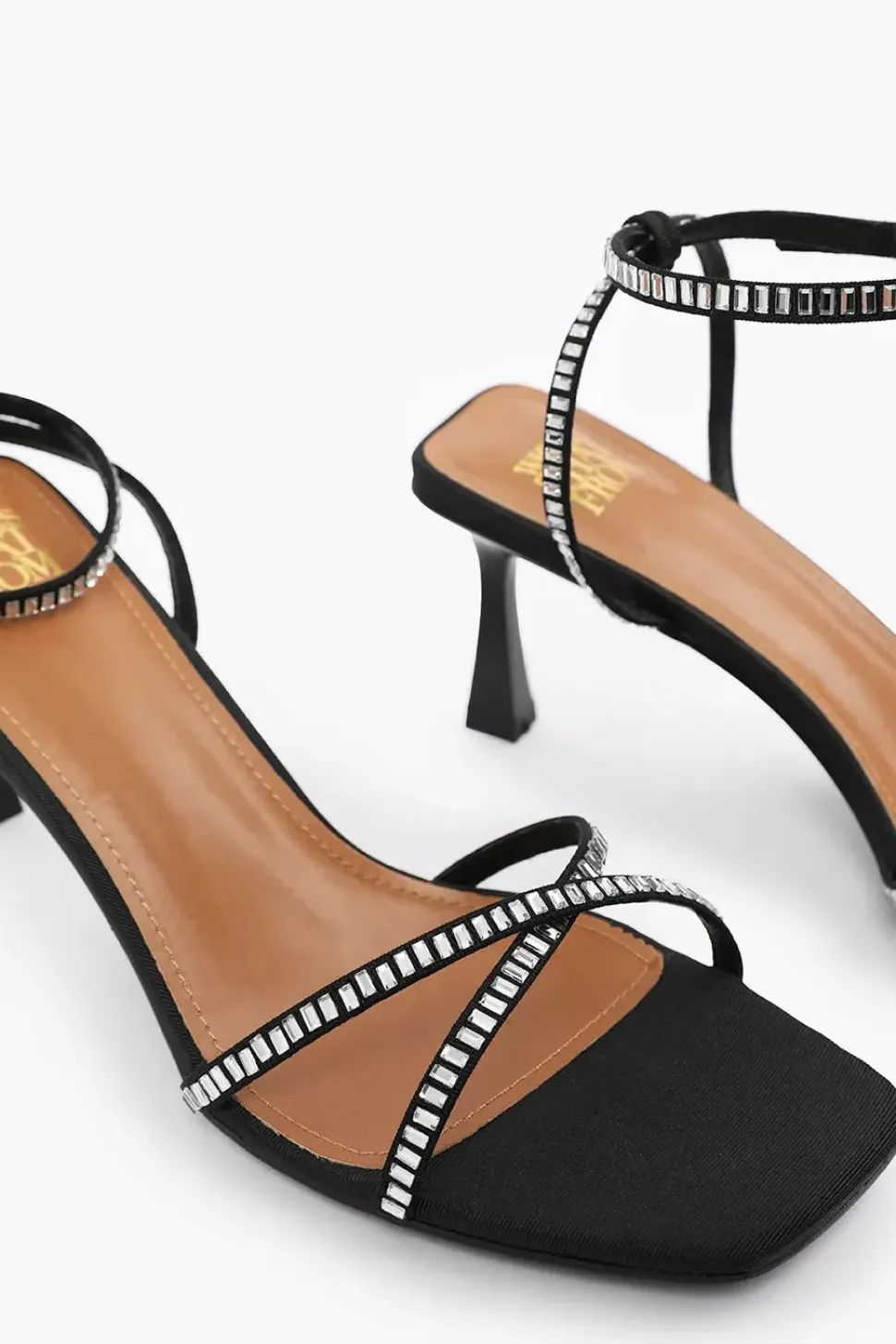 'Kenia' Square Toe Low Block Heel With Diamante Cross Over Strap Detail