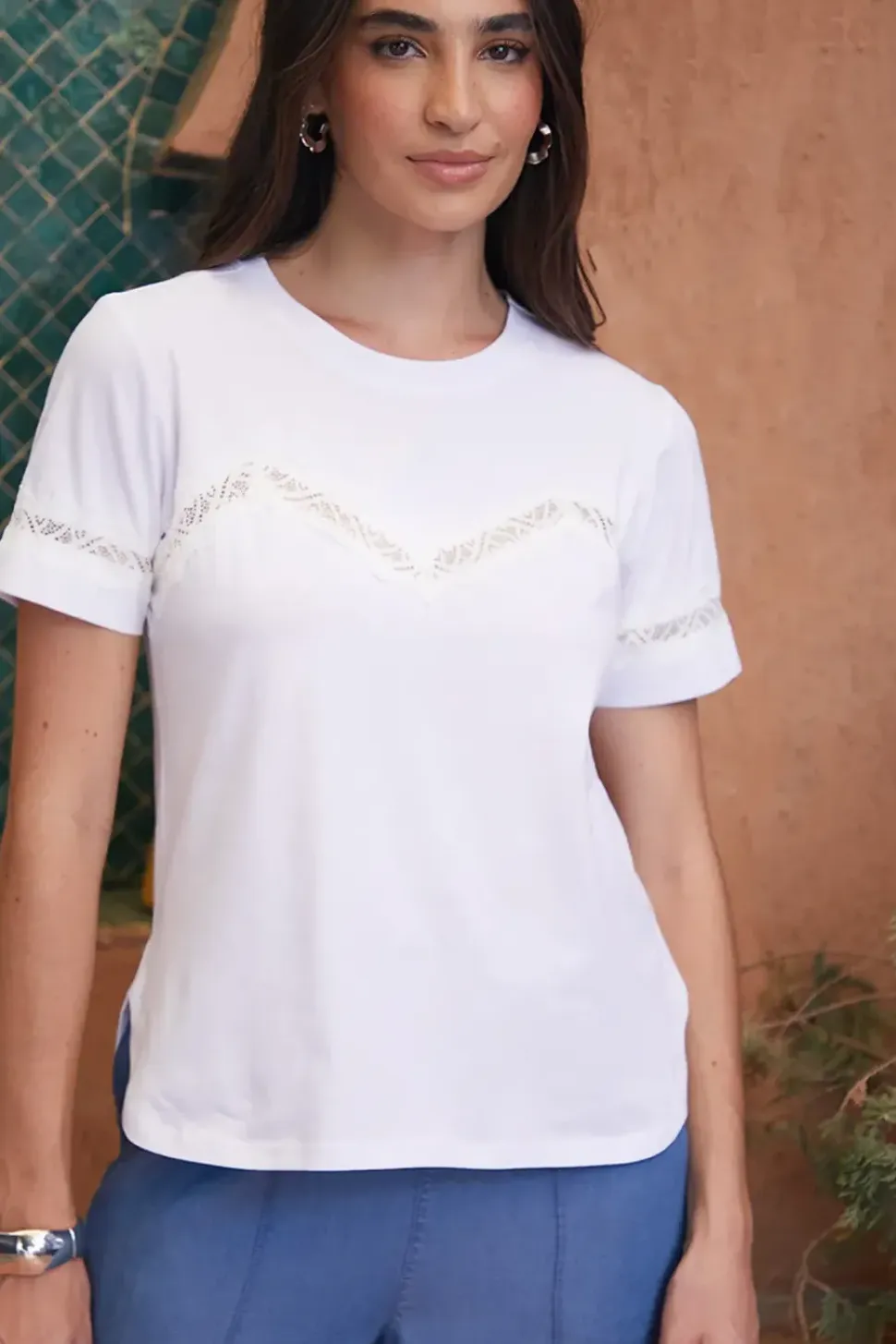 'Kirsten' Lace Detail Cotton T-Shirt