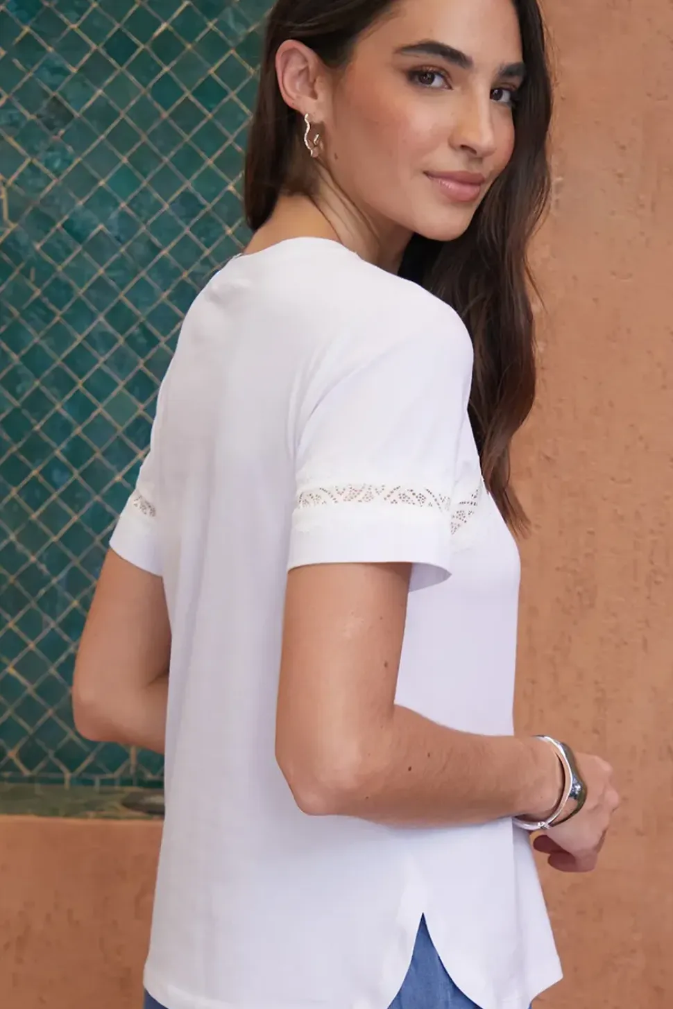 'Kirsten' Lace Detail Cotton T-Shirt