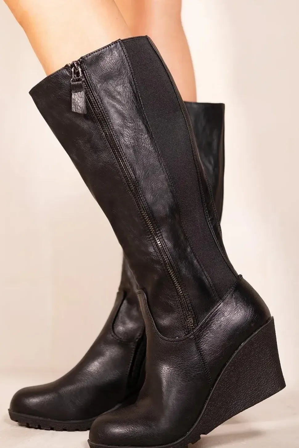 'Lara' Wedge Heel Mid Calf High Boots With Side Zip