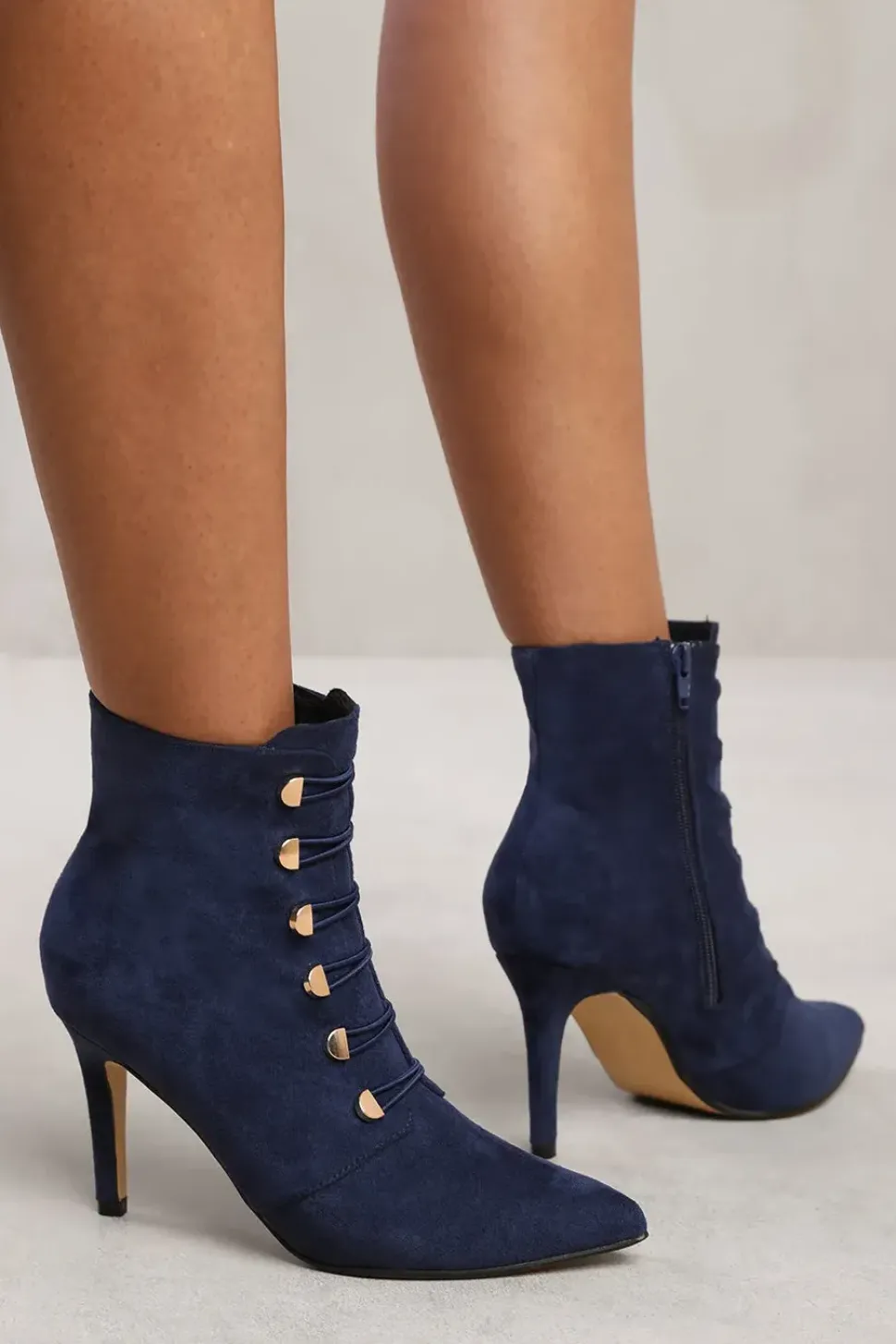 'Leane' Pointed Toe Mid Heel Ankle Boots With Gold Buttons