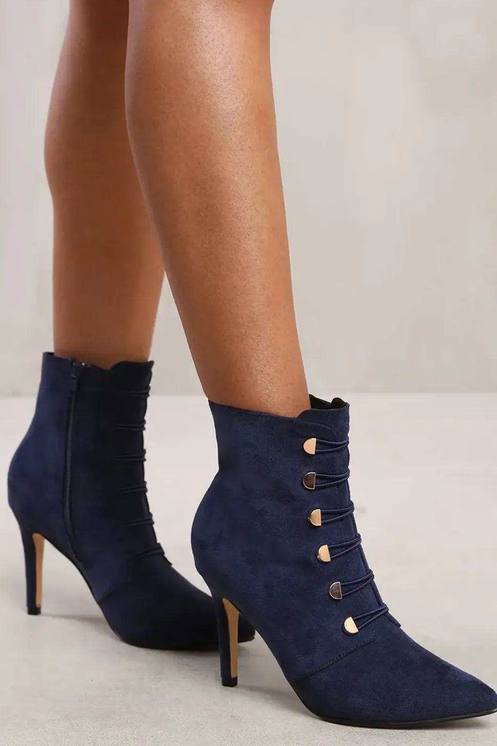 'Leane' Pointed Toe Mid Heel Ankle Boots With Gold Buttons