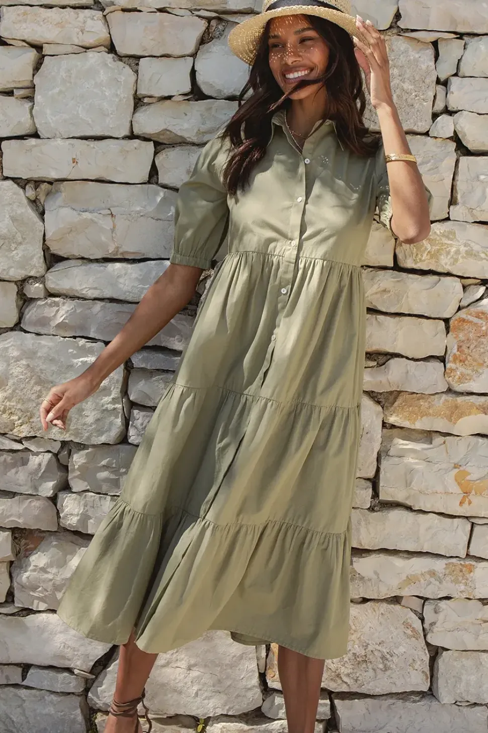 'Leela' Tiered Midi Shirt Dress