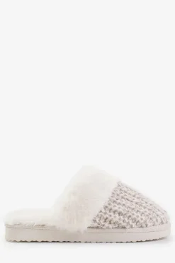 'Lounge' Slip On Knitted Slippers With Fur Trim