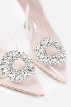 'Malta' Wide Fit Perspex Low Heel Sandals With Embellished Detail