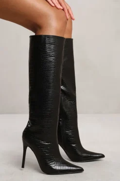 'Maya' Below Knee High Heel Croc Boot