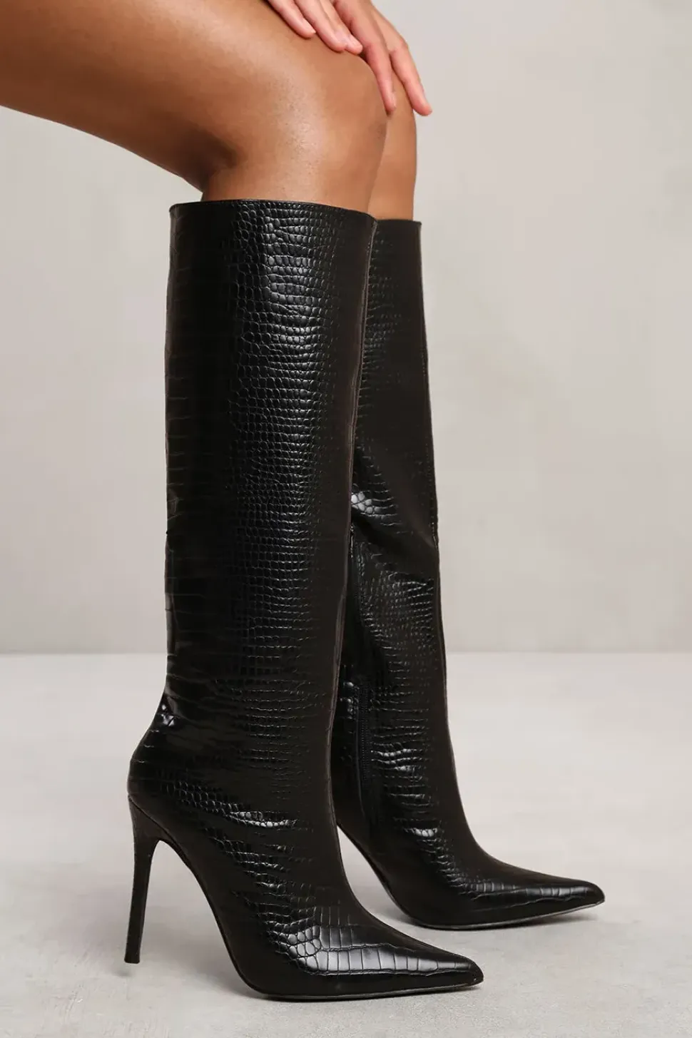 'Maya' Below Knee High Heel Croc Boot