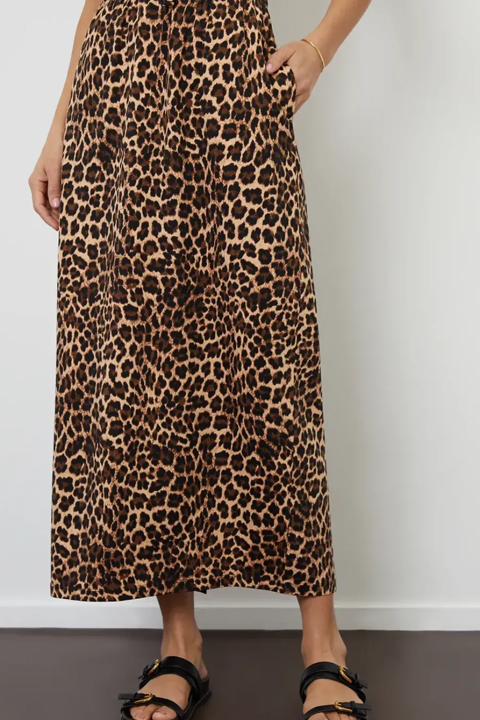 'Midori' Leopard Print Cotton Jersey Midi Skirt with Pockets