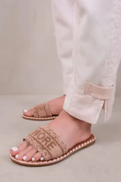 'Note' Strap Flat Sandals With Beaded Text Detail
