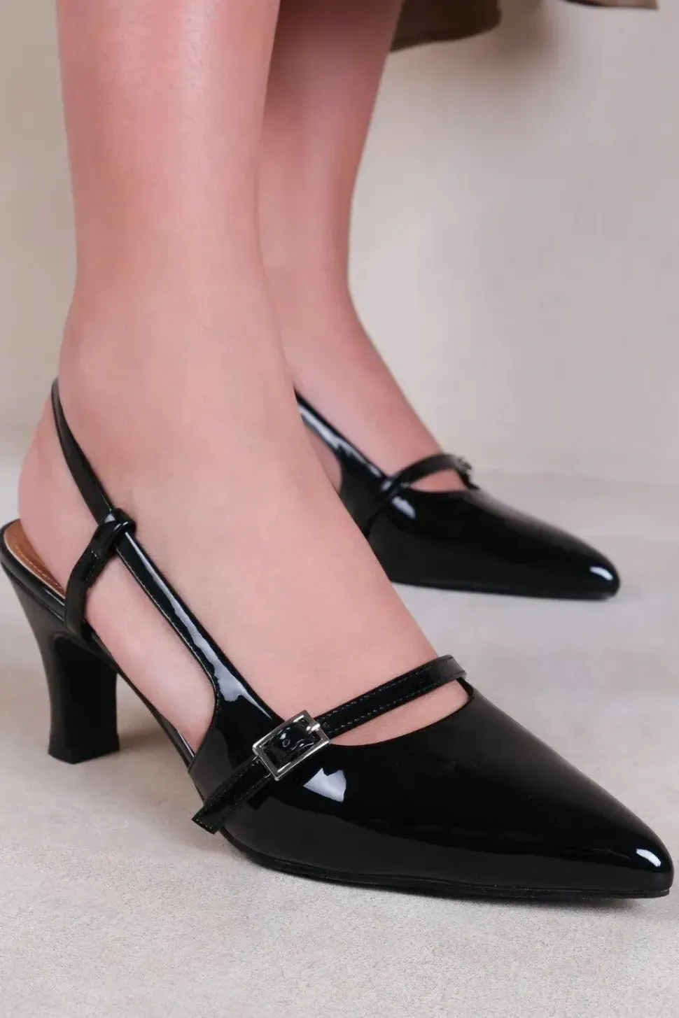 'On Point' Wide Fit Mid Heel Slingback Sandals With Strap And Buckle Detail