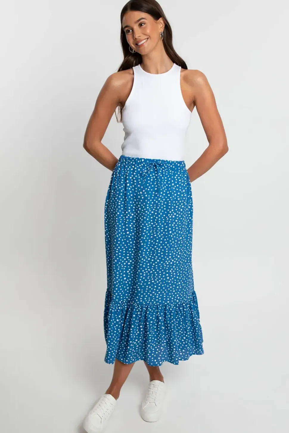 'Rain' Frill Hem Midi Skirt With Drawstring Waist