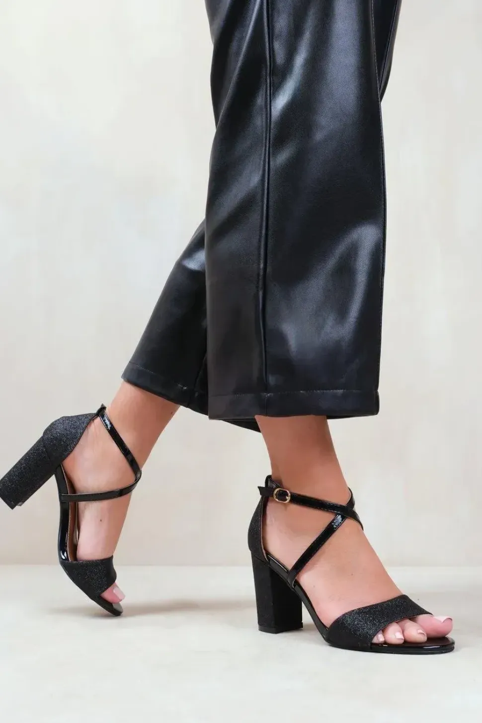 'Ruth' Wide Fit High Block Heel Sandals With Cross Over Ankle Strap