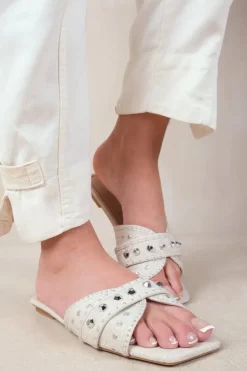 'Saturn' Double Cross Over Strap Flat Sandals With Stud Details