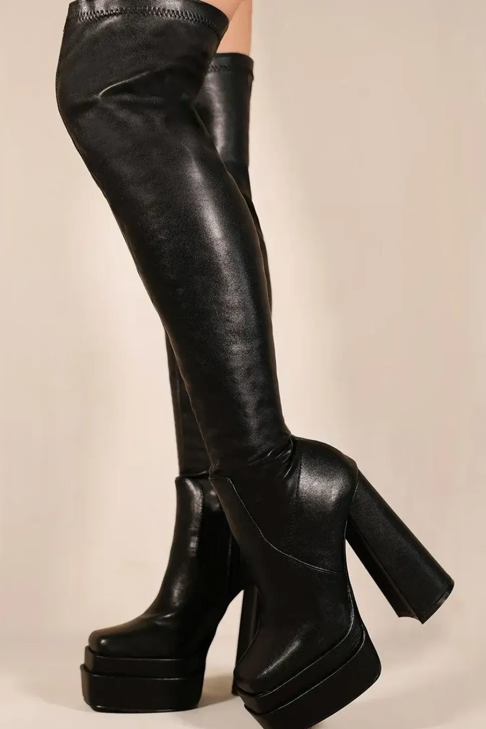 'Shiloh' Block Heel Knee High Stretch Boots With Square Toe