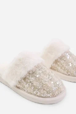 'Snuggle' Slip On Sequin Slippers With Fur Trim