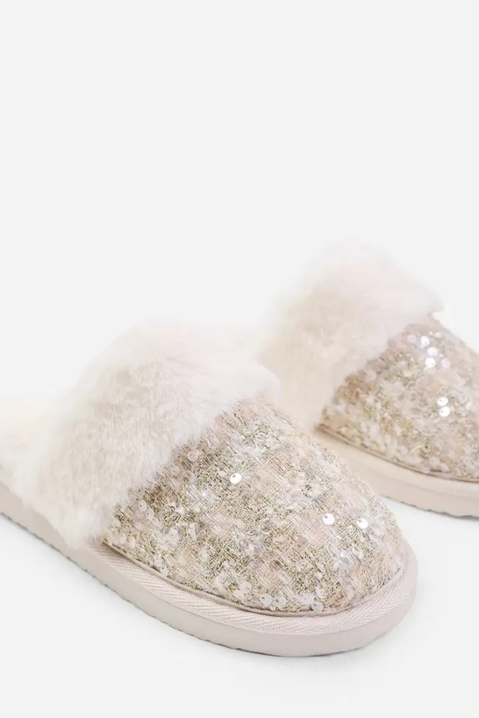 'Snuggle' Slip On Sequin Slippers With Fur Trim