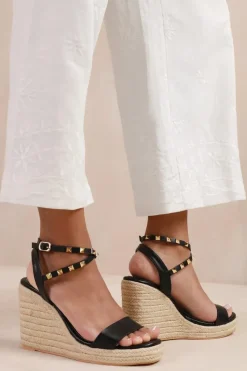 'Texas' Wide Fit Cross Over Ankle Strap With Studd Detail Espadrille Wedges