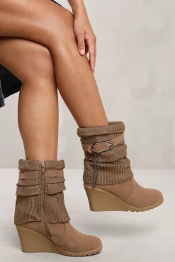 'Tilda' Wedge Heel Slouchy Ankle Boots With Knitted Collar