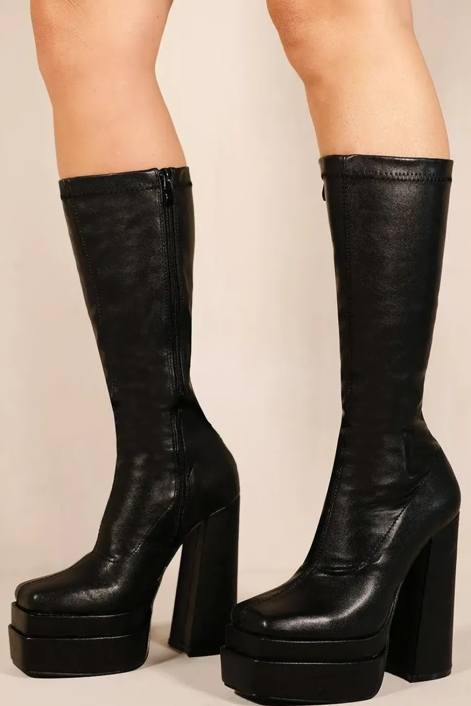 'Waverly' Block Heel Calf High Stretch Boots With Square Toe