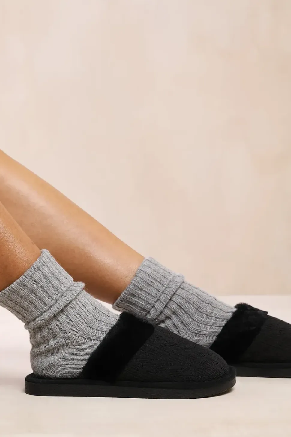 'Weekend' Knitted Fur Trim Slippers