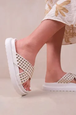'Zenith' Flat Sandals With Cross Over Pressed Studs Straps