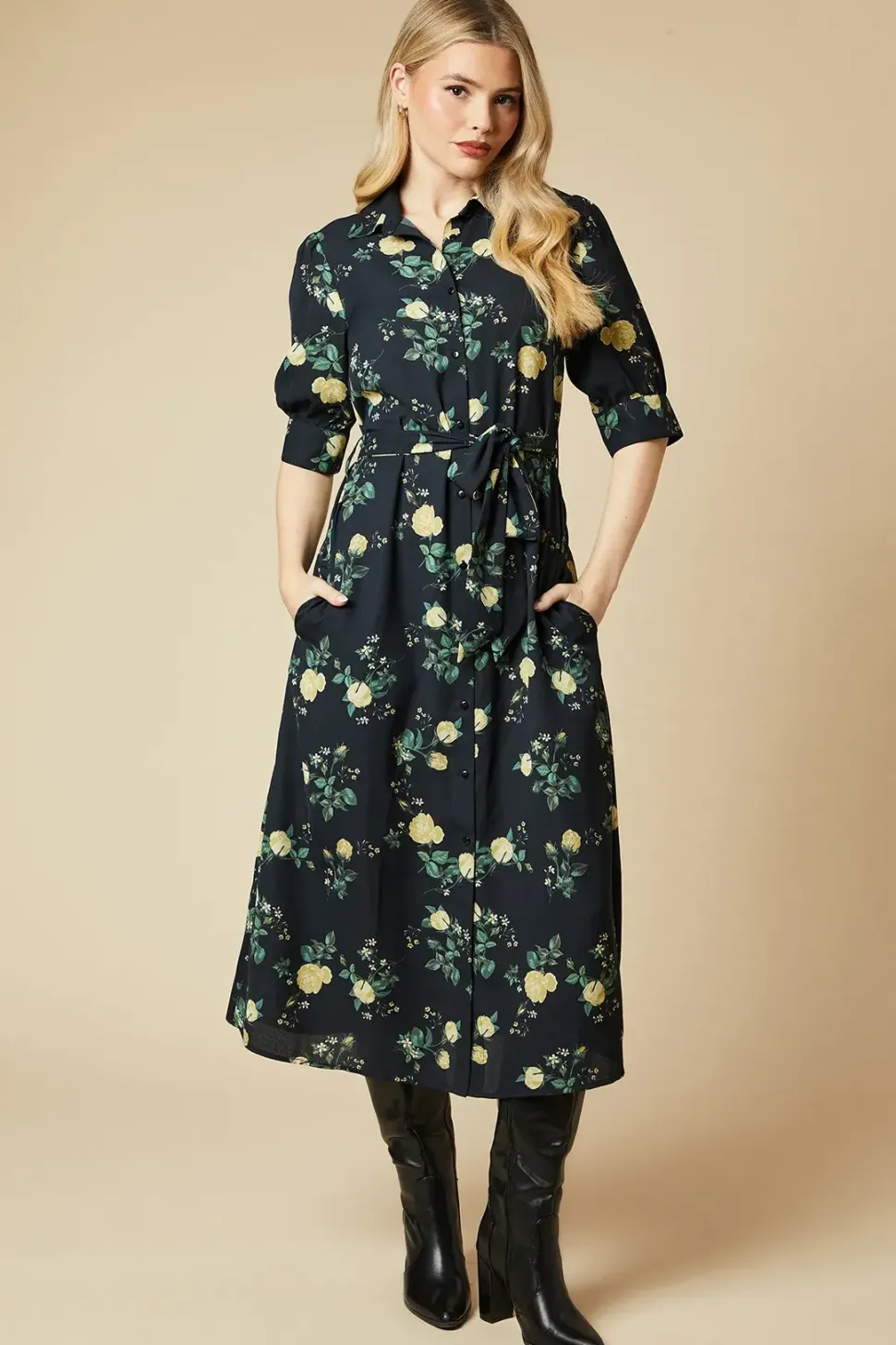 Yellow Floral Half Sleeve Shirt Dress