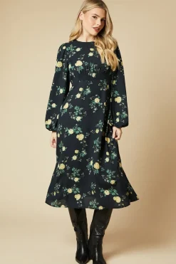 Yellow Floral Shirred Waist Long Sleeve Midi Dress