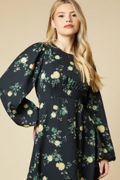 Yellow Floral Shirred Waist Long Sleeve Midi Dress