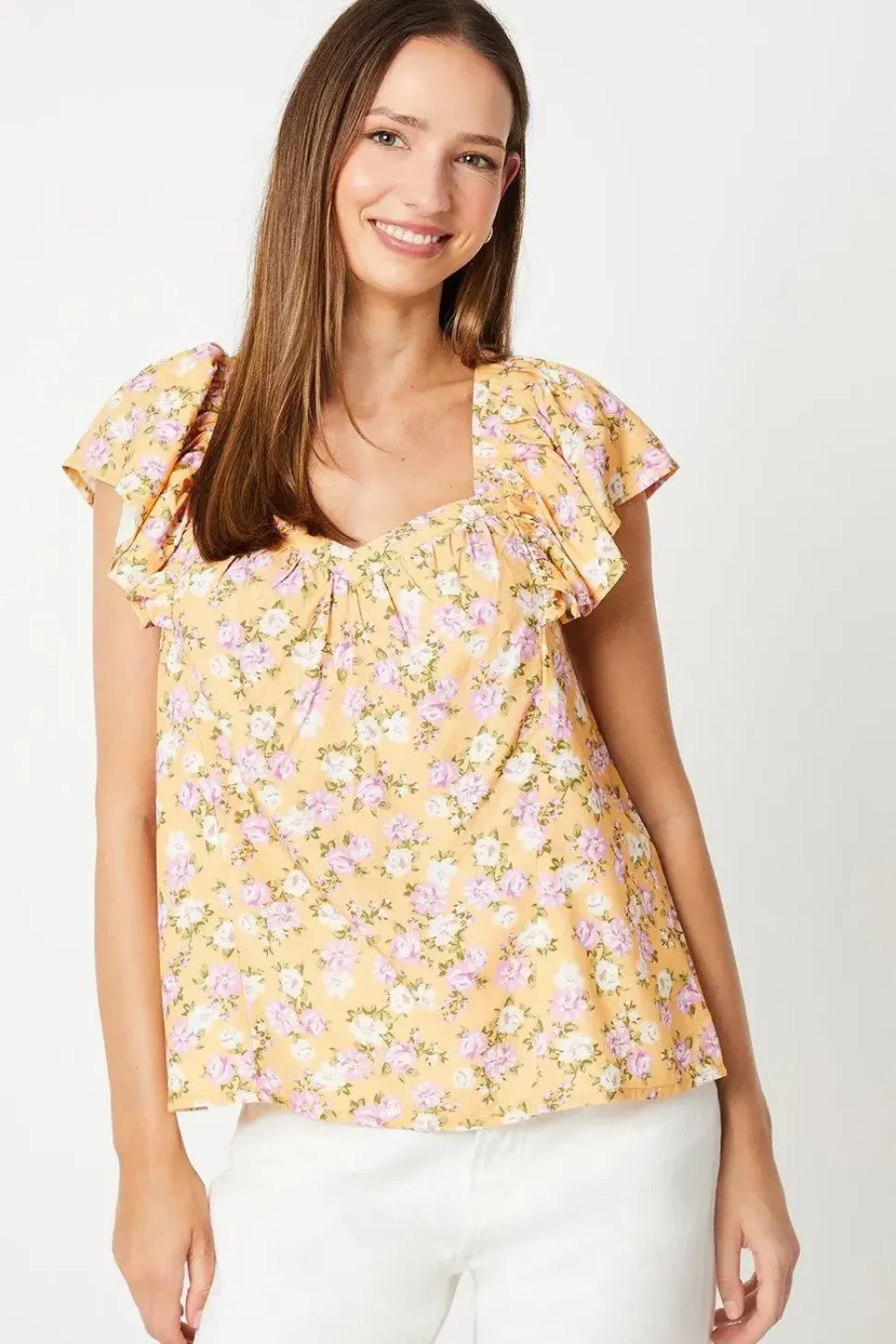 Yellow Floral V Neck Frill Sleeve Blouse