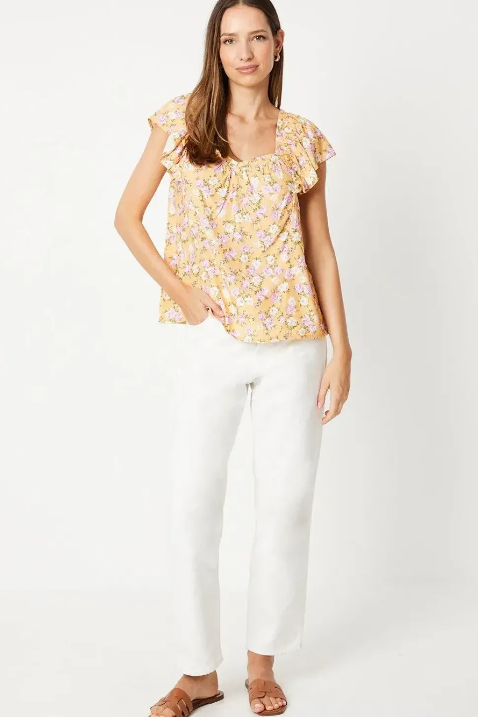 Yellow Floral V Neck Frill Sleeve Blouse