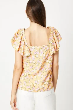 Yellow Floral V Neck Frill Sleeve Blouse