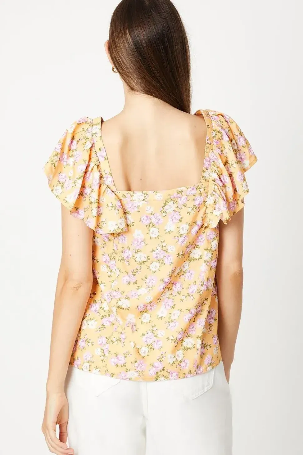 Yellow Floral V Neck Frill Sleeve Blouse