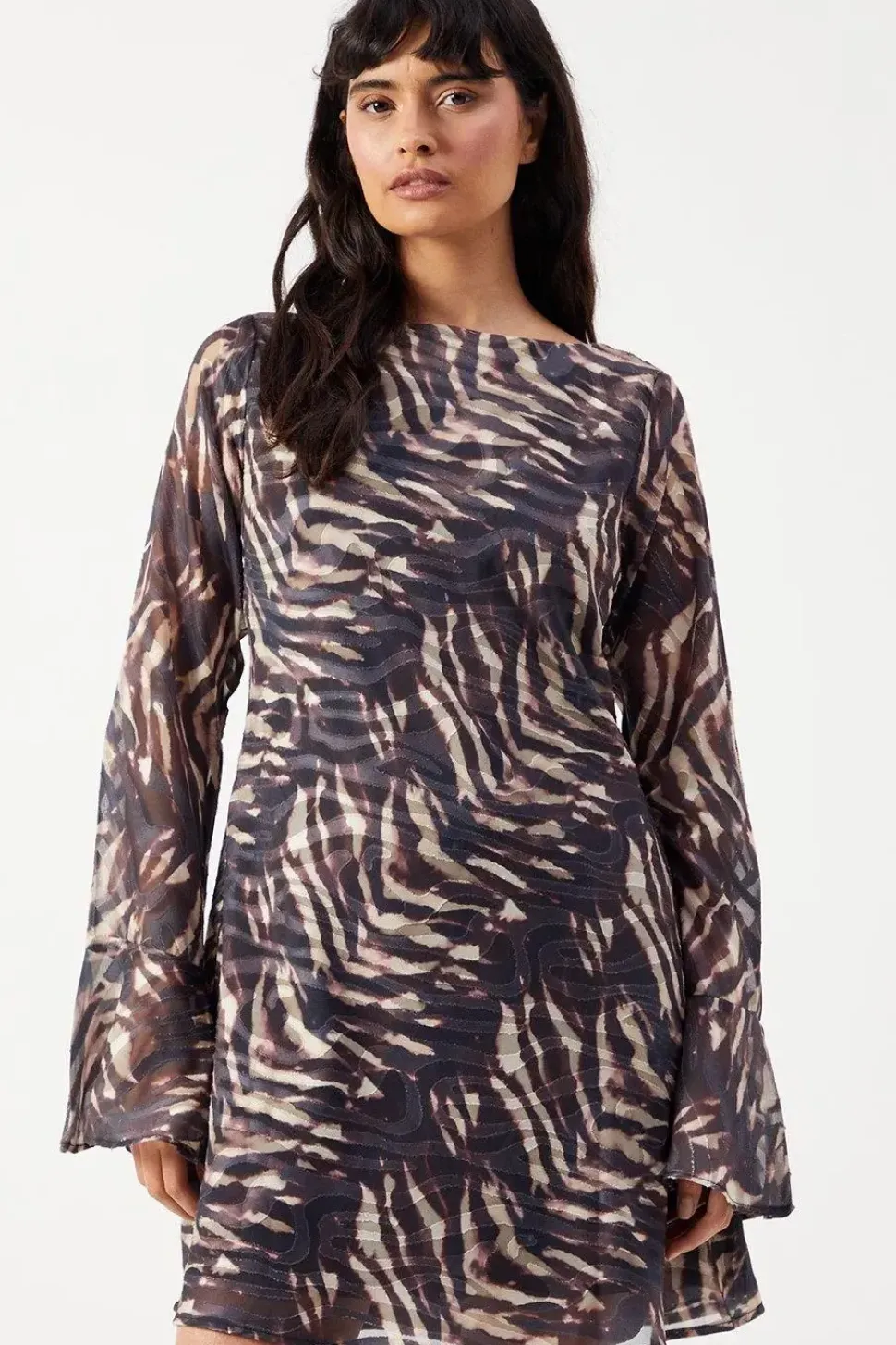 Zebra Burnout Chiffon Bias Tie Back Mini Dress
