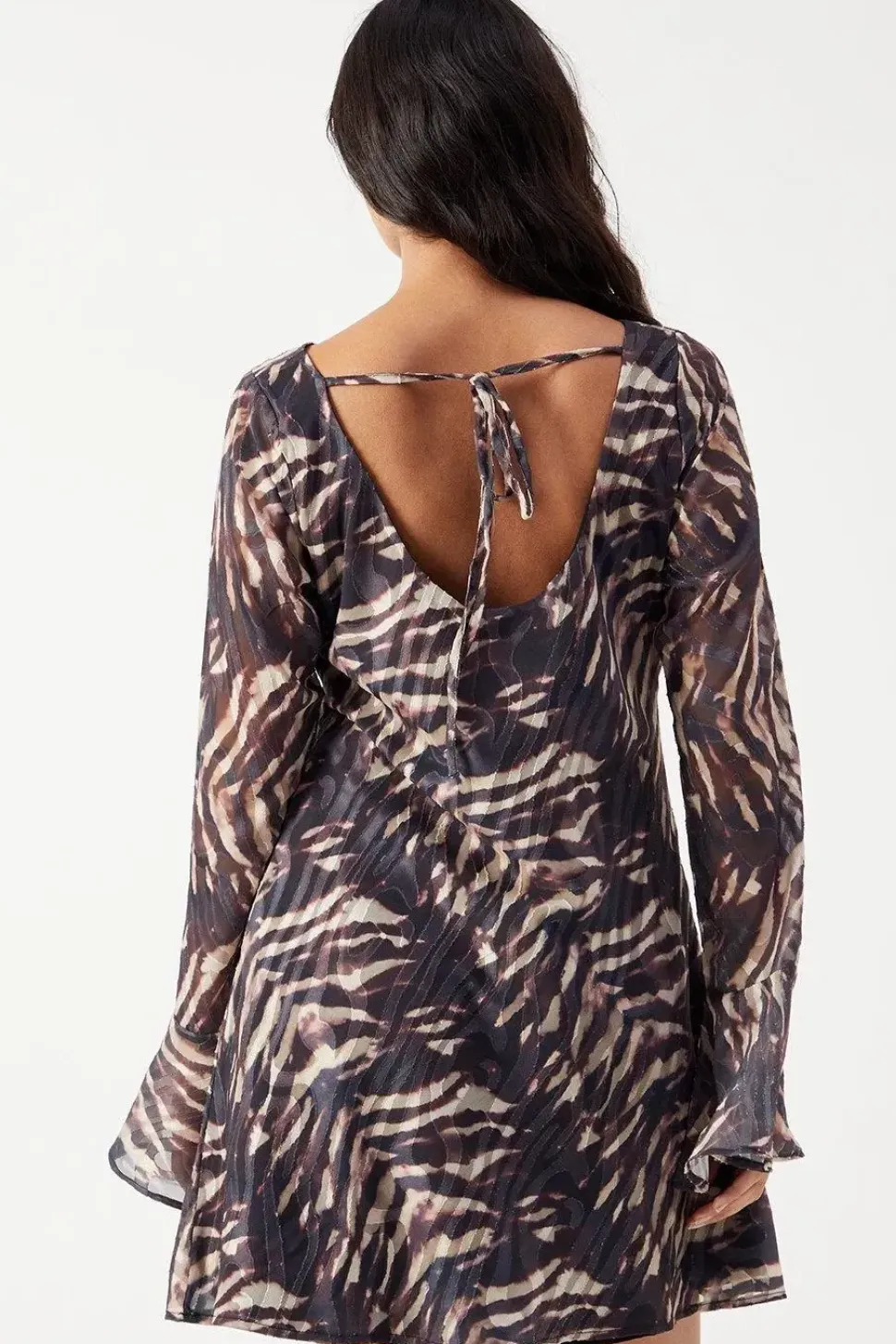 Zebra Burnout Chiffon Bias Tie Back Mini Dress