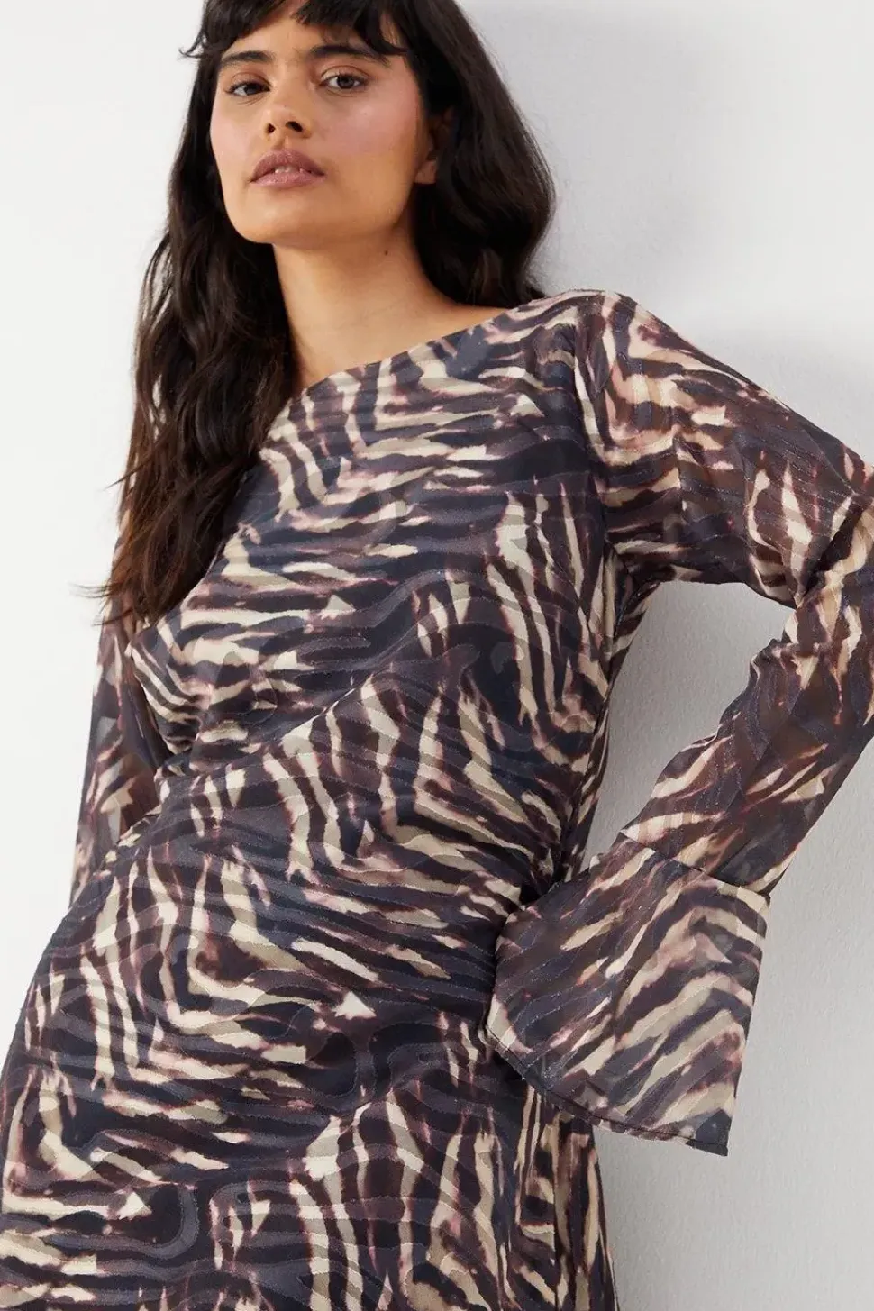 Zebra Burnout Chiffon Bias Tie Back Mini Dress