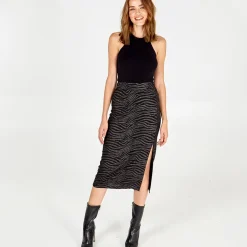 Zebra Foil Stripe Split Front Midi Skirt