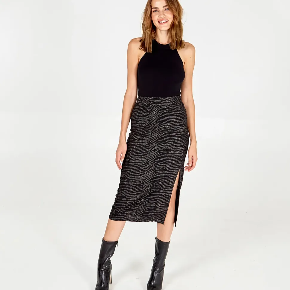Zebra Foil Stripe Split Front Midi Skirt