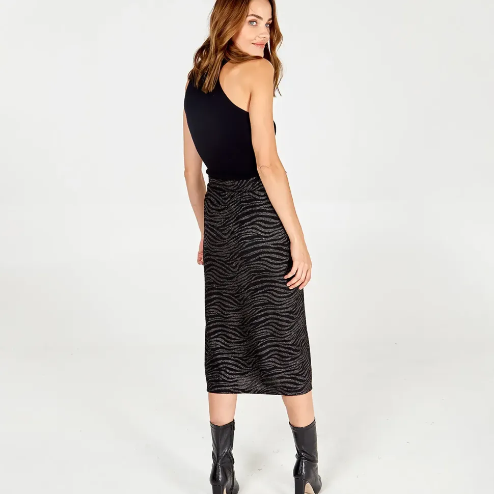 Zebra Foil Stripe Split Front Midi Skirt