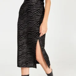 Zebra Foil Stripe Split Front Midi Skirt