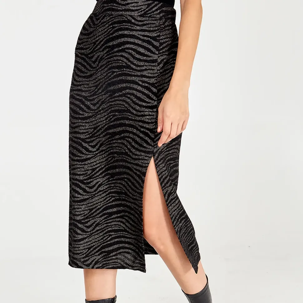 Zebra Foil Stripe Split Front Midi Skirt