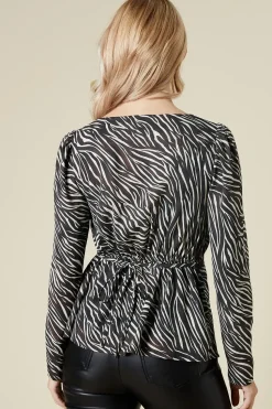 Zebra lace front long sleeve blouse