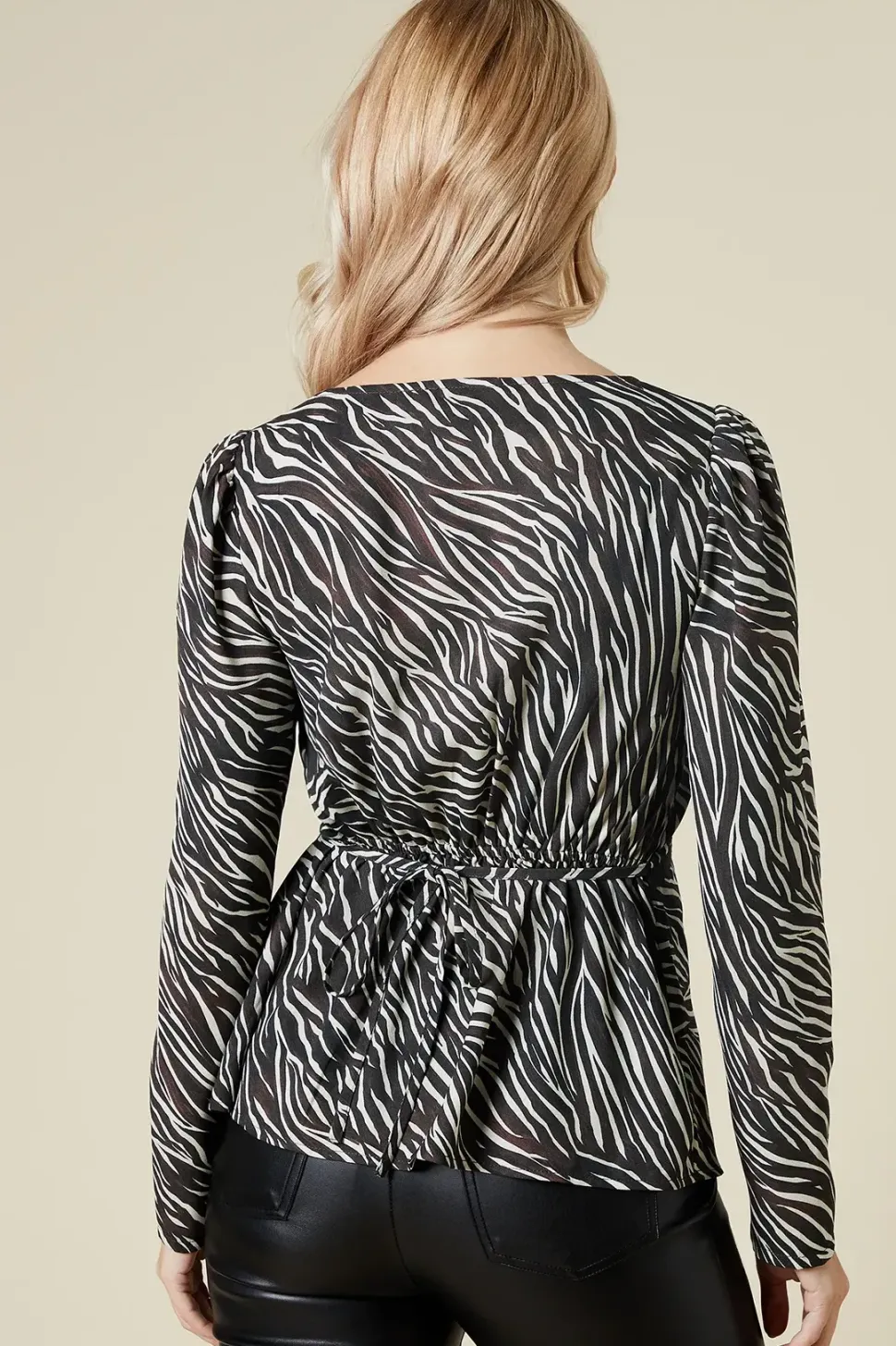 Zebra lace front long sleeve blouse