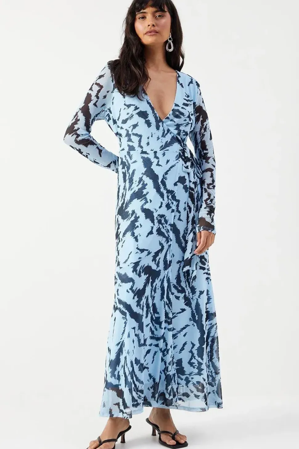 Zebra Mesh Asymmetric Seam Wrap Midi Dress