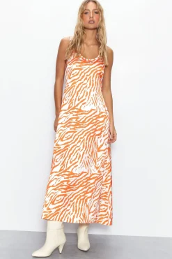 Zebra Printed Scoop Neck Satin Midi Slip Dress